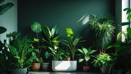 Up-to-date garden interior featuring multiple houseplants and pots along with empty wall for text
