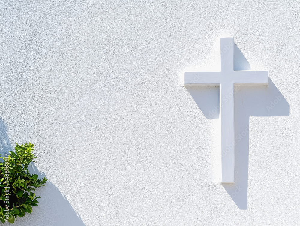 Poster minimalist design featuring a cross against a white wall with soft shadows creating a modern aesthet