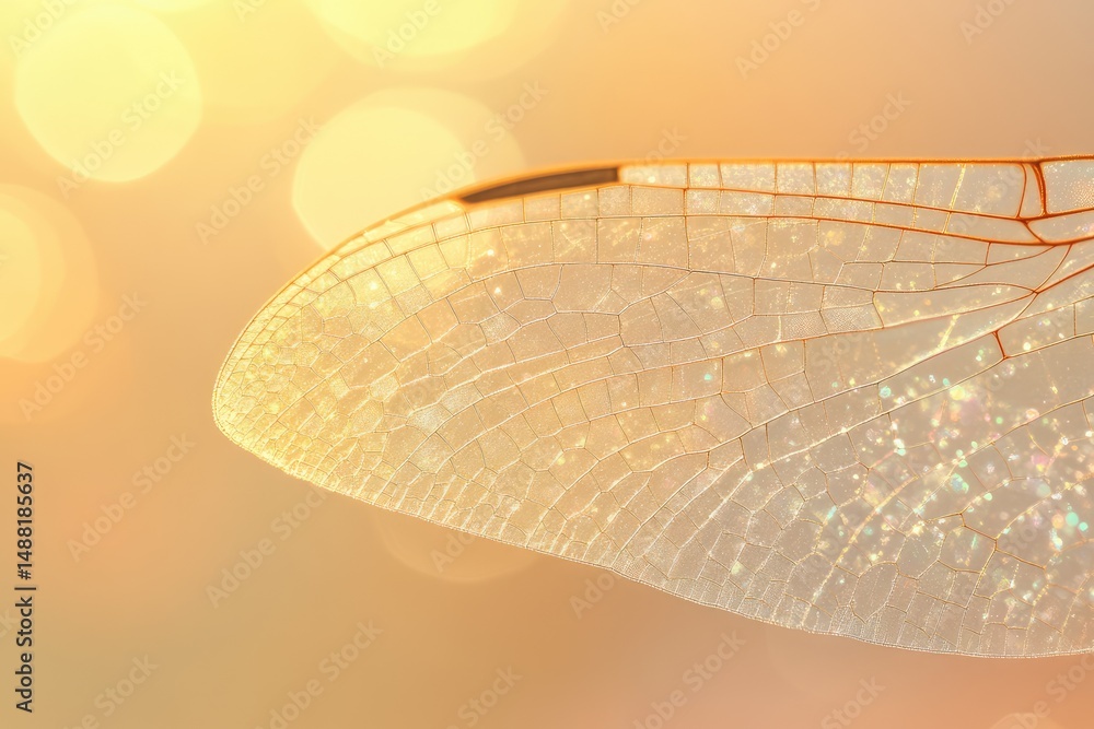 Aufkleber close-up of a dragonfly's wing showing intricate vein patterns against a soft, warm, bokeh backgroun