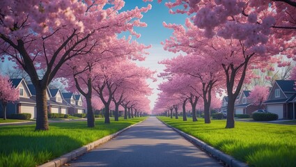 Cherry blossom trees in bloom creating a picturesque street view within a neighborhood subdivision.