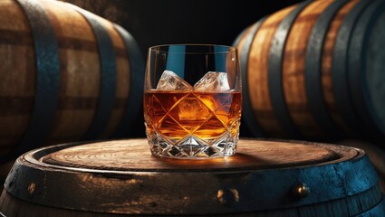 Cold whiskey in a glass beside oak barrels