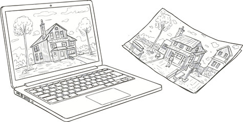 Laptop Displaying Hand Drawn House Sketch and Printed Version - Line Art Illustration Vector