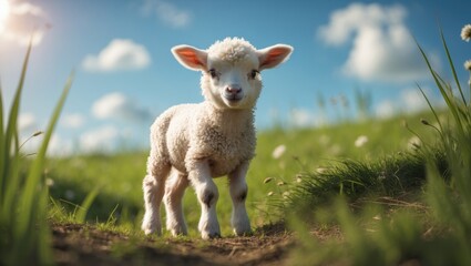 Fototapeta premium Adorable little lambs in a green grassy meadow.