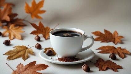 Decaf black coffee featuring an oak leaves and acorns design on a white backdrop. Acorn coffee. Room for text.
