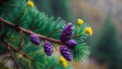 Macro close-up of evergreen coniferous trees featuring cedar and pine branches with cones and yellow pollen along a mountain hiking trail