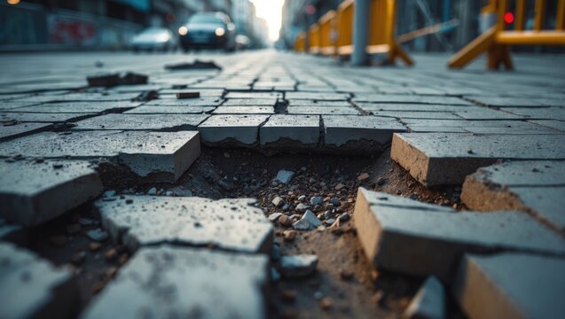 Pedestrian danger from rough pavement and broken brick structures