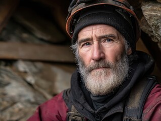 Obraz premium Serious older man with safety helmet in rocky outdoor setting
