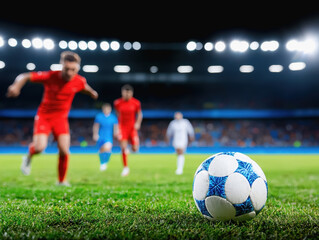 Fototapeta premium Colorful soccer player in a stadium jumping for a header captured in a dynamic frozen action moment of the game