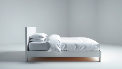 Side view of a white single bed with duvet against a plain background