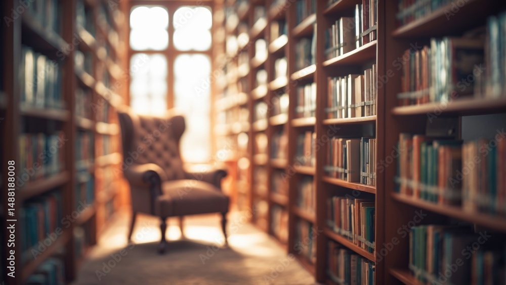 Aufkleber hazy background of a warm reading nook showcasing a comfy armchair and a fashionable bookshelf fille