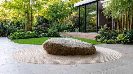 Serene zen garden featuring large rock surrounded by raked sand, lush greenery, and modern