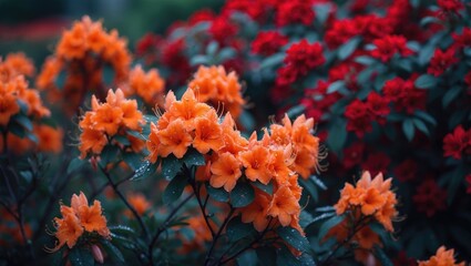 Azalea bush flowers in orange at the garden