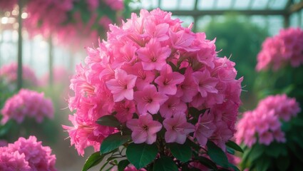 Stunning pink azalea flowers flourishing in the greenhouse.