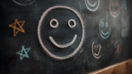 Chalk drawings of smiles and stars on blackboard