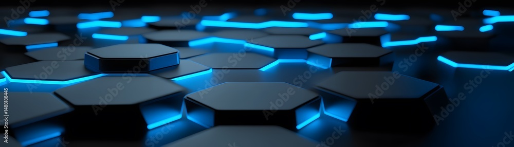 Poster abstract hexagon pattern with glowing blue lines.