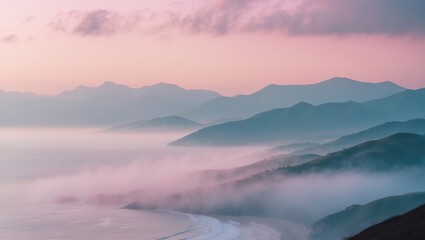 Scenic sunrise view of mountains and coast in pastel shades of pink and rose quartz, with cloudy sky and silhouettes of hills in fog