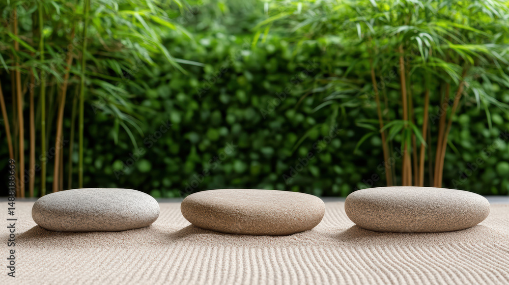 Poster smooth stones arranged in zen garden with lush greenery in background create tranquil atmosphere