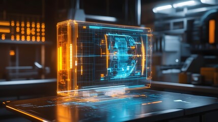 Futuristic Digital Interface with Glowing Data Display in Laboratory