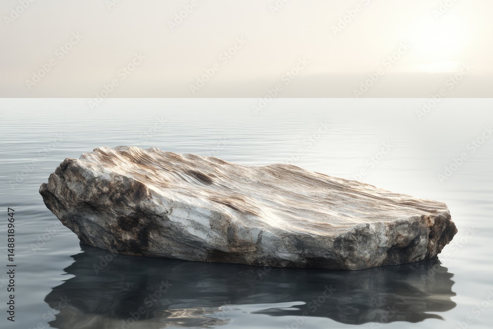 Poster a large rock formation sits in calm water, under a hazy sky with a hint of sunlight.