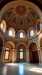 Obraz premium Ornate dome interior with colorful stained glass in majestic architecture.