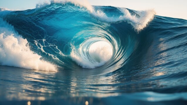 Ocean wave crashing with light in barrel. Underwater perspective of surfing wave captured with long shutter speed
