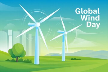 Obraz premium Illustration of wind turbines on green landscape for global wind day celebration event
