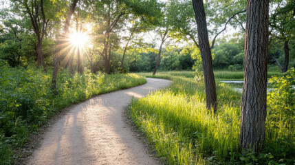 Serene path winding through lush forest with sunlight filtering through trees