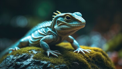 Obraz premium A detailed view of a lizard sunbathing on a mossy rock, highlighted by natural light. The complex patterns of its textured scales stand out against the vibrant green moss.