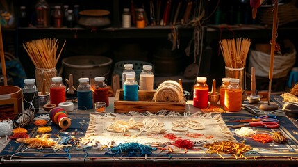 Knitting essentials arranged under warm light high resolution picture
