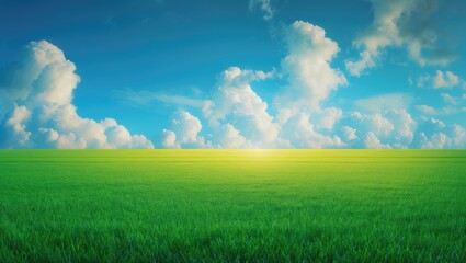 Obraz premium Empty green grass field under a blue sky with white clouds in a gardening and landscape photography used for product background concept.
