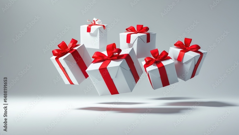 Poster christmas presents in white boxes with red bows soaring and dropping isolated on background