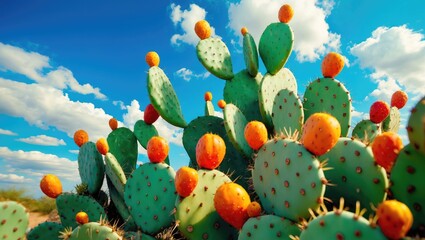 Opuntia cactus featuring ripe prickly pears against a blue sky