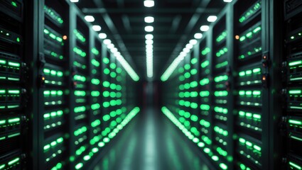 Flashing green LEDs in a server room, shallow depth of field