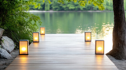 Lakeside trail with lanterns illuminating wooden dock, creating serene atmosphere
