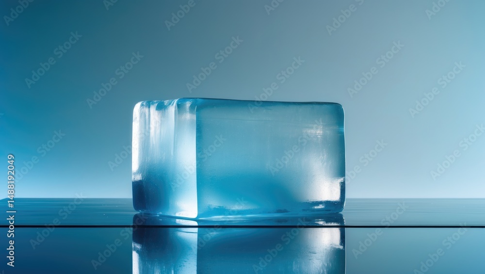 Poster a rectangular transparent ice block in cold blue colors on a surface that reflects.
