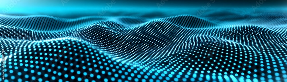 Poster abstract digital design of rippling dots in azure tones.