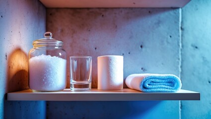 Obraz na płótnie Canvas Aesthetic view of home spa beauty products in a modern minimal bathroom featuring a glass jar of natural sea salt and an exfoliating body washcloth on the shelf.