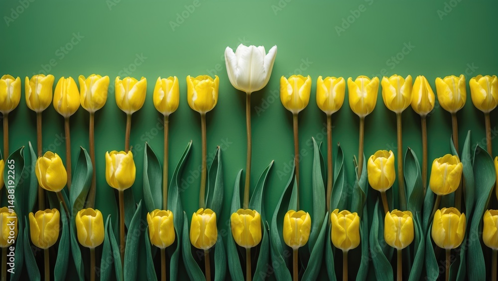Aufkleber horizontal studio image of a row of tulips with one isolated on green.