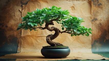 Bonsai tree on textured surface