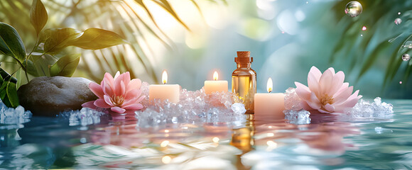 Tranquil Spa Setting with Aromatherapy Oils, Candles, and Crystals Reflected on Calm Water