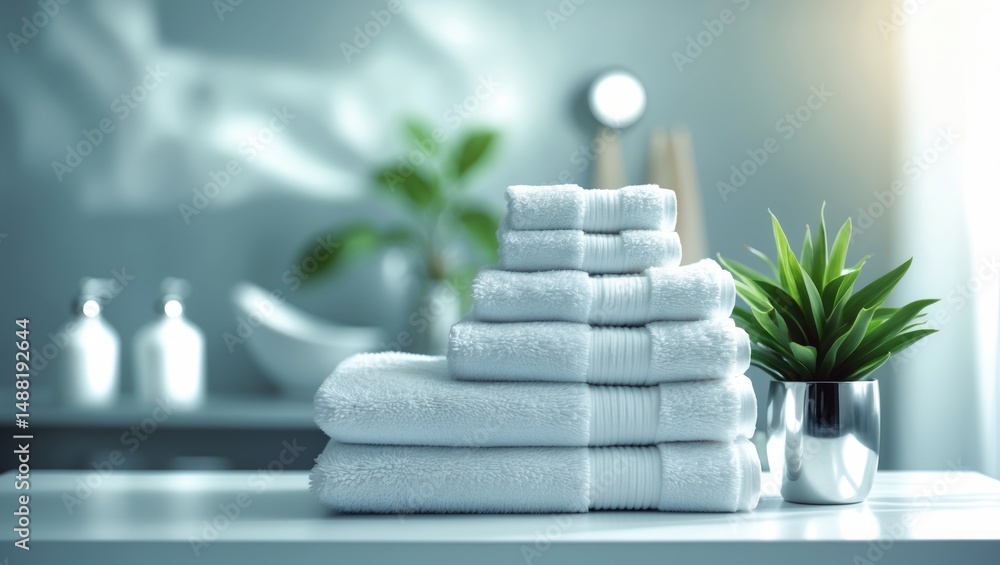 Aufkleber towels placed on a white table with blurred background and empty space for text.