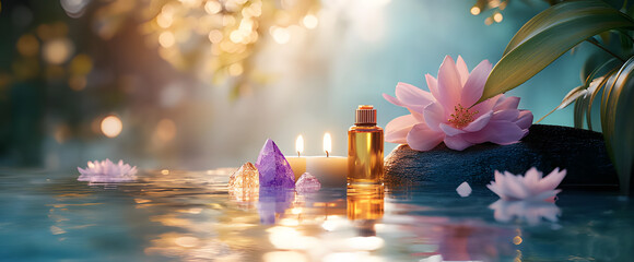 A Tranquil Spa Setting with Aromatherapy Oils, Candles, and Crystals Reflected in Calm Water for Relaxation, Meditation, and Self-Care