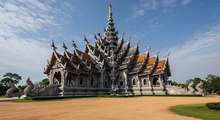 Naklejka premium Ornate Thai Temple Architecture with Blue Sky