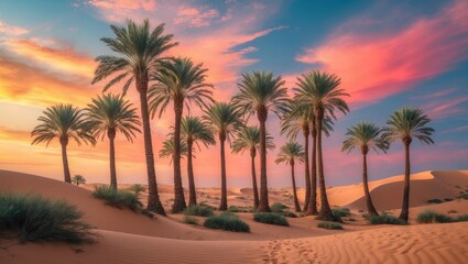 Fototapeta premium Palm Trees in the Desert: A Colorful Sunset Above the Oasis and Sand Dunes