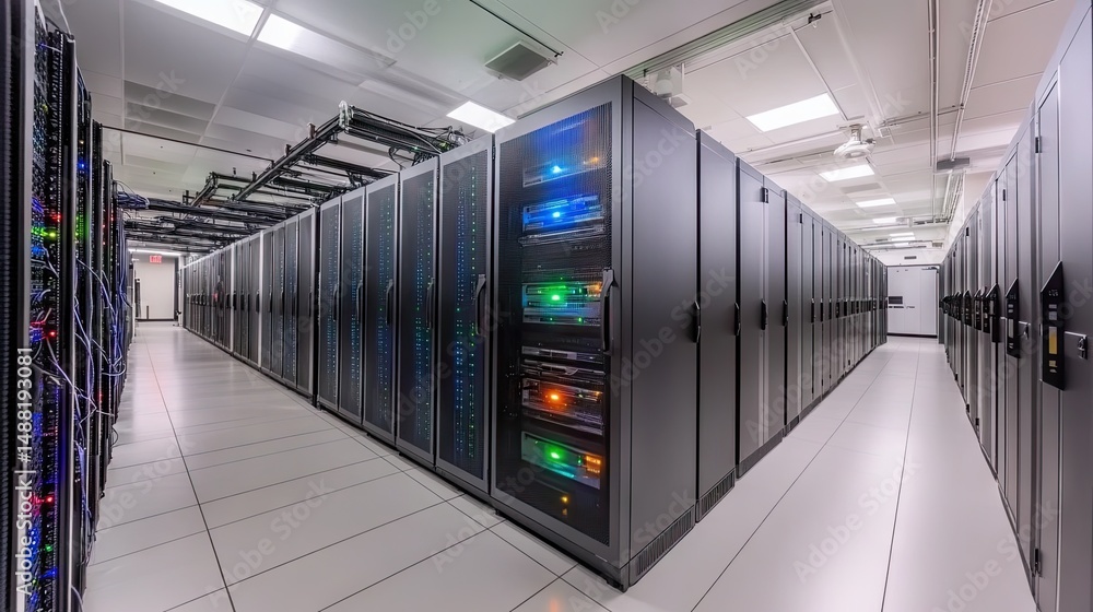 Poster modern server racks lined up in a large data center.