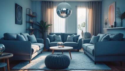 Living room design showcasing grey sofas, a disco ball, and a coffee table