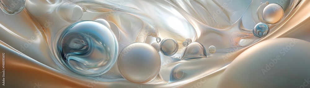 Poster abstract swirling forms with luminous spheres.