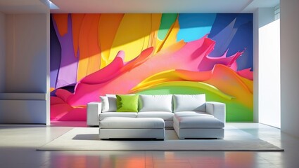Wide space featuring a vibrant replica of a blank wall. The paint color is quite vivid. Contemporary living room interior design.