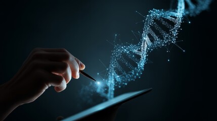 Abstract luminous DNA molecule. Doctor using tablet and check with analysis chromosome DNA genetic