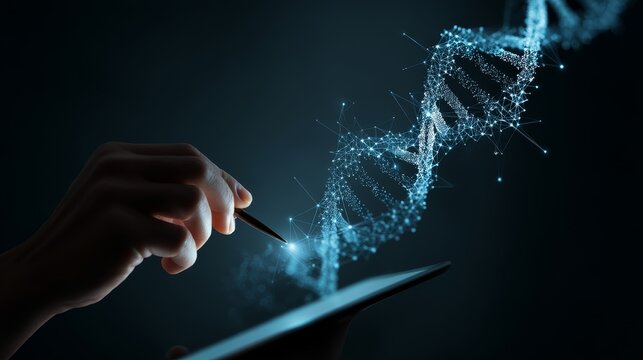 Abstract luminous DNA molecule. Doctor using tablet and check with analysis chromosome DNA genetic